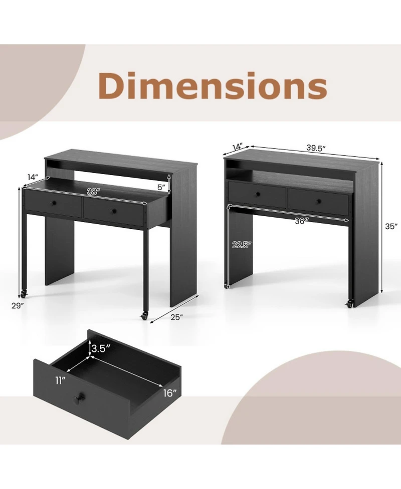 Gouun Extendable Convertible Computer Desk with 2 Drawers and Rolling Cart