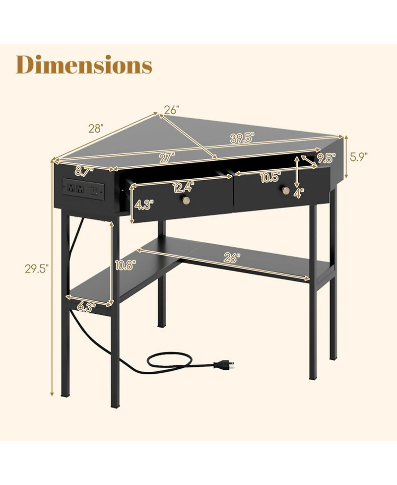 Gouun Triangle Corner Desk with Charging Station, 2 Drawers and Storage Shelf