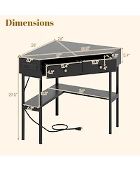 Gouun Triangle Corner Desk with Charging Station, 2 Drawers and Storage Shelf