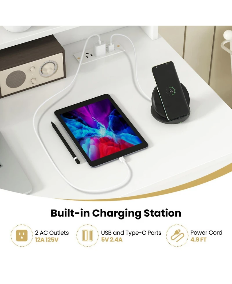 Gouun White Home Office Desk with Charging Station, Keyboard Tray and Adjustable Shelf