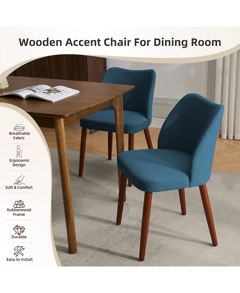 Dining Chair Set of 4, Linen Upholstered with Solid Wood Legs, Wing Backrest, Wooden Kitchen