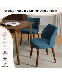 Dining Chair Set of 4, Linen Upholstered with Solid Wood Legs, Wing Backrest, Wooden Kitchen