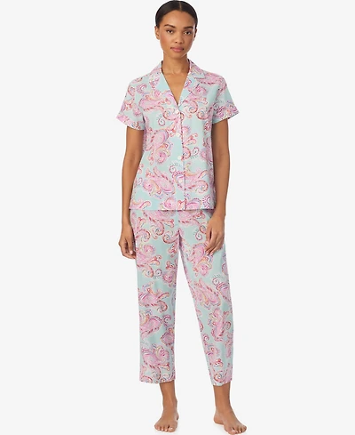 Lauren Ralph Women's Short-Sleeve Notch Collar Cropped Pant Pajama Set