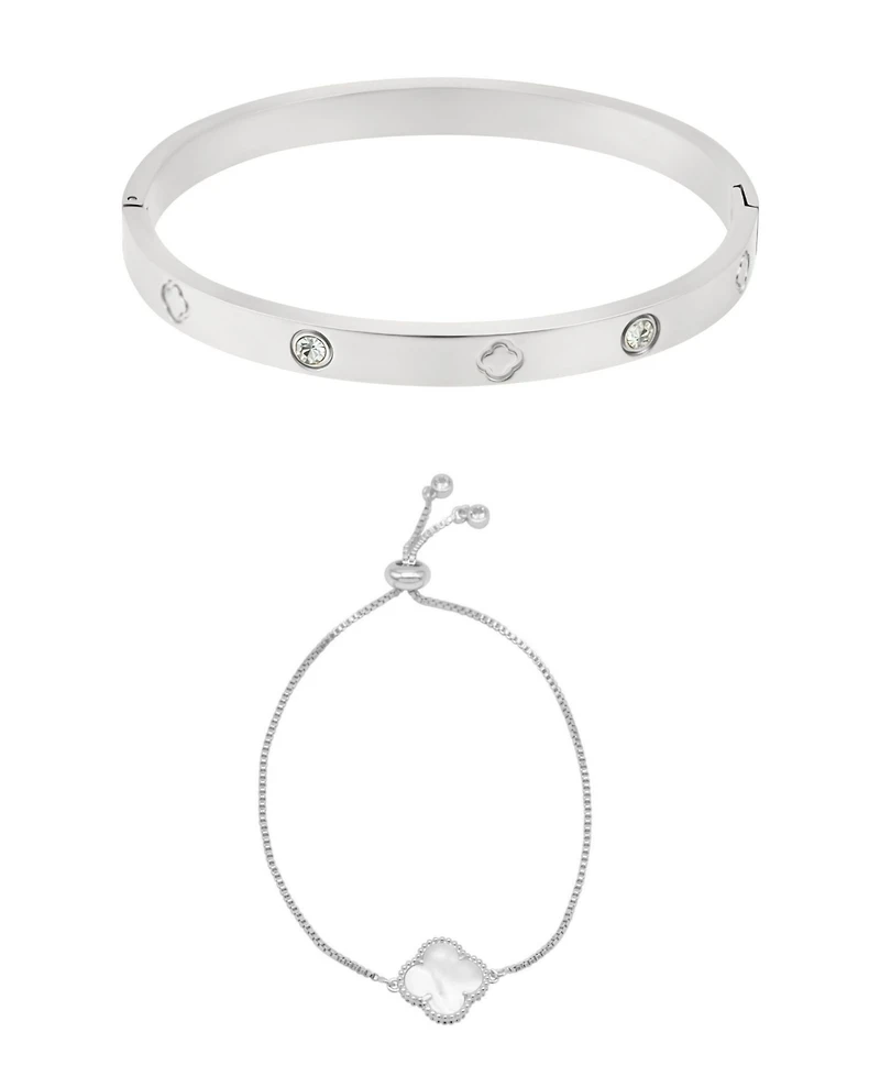 Adornia Silver 2-Piece Clover Cuff and Bolo Bracelet Set