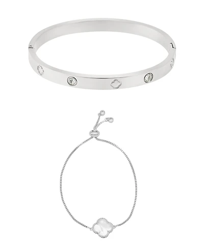 Adornia Silver 2-Piece Clover Cuff and Bolo Bracelet Set