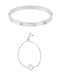 Adornia Silver 2-Piece Clover Cuff and Bolo Bracelet Set
