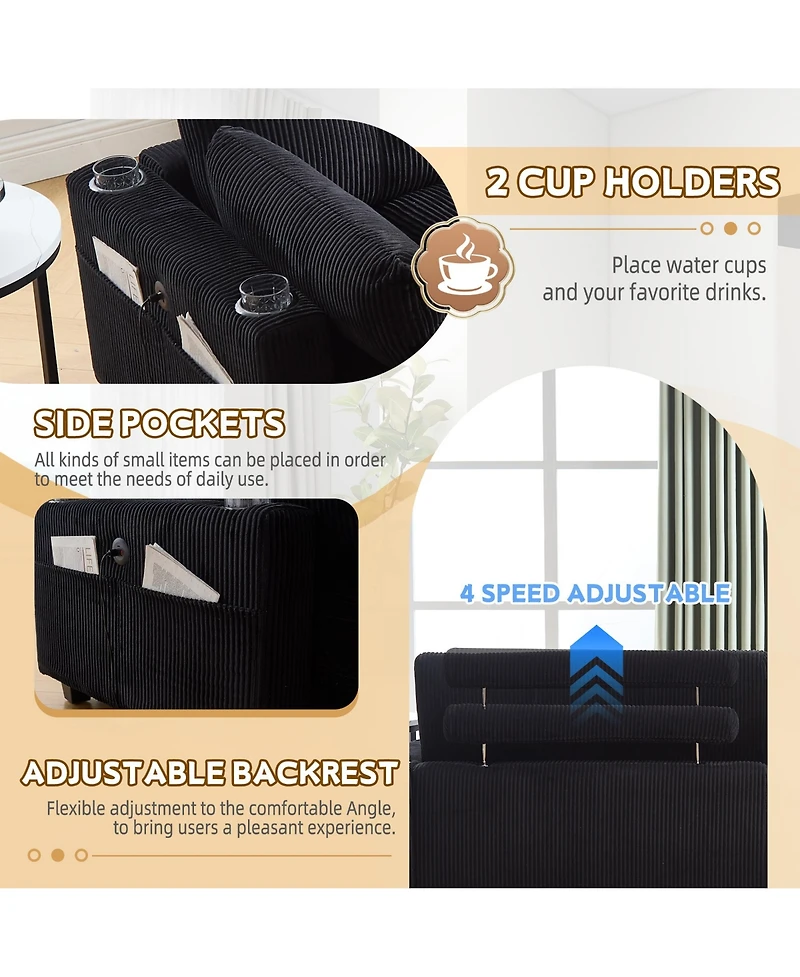 Rainsken Deep Seat Corduroy Sleeper Chaise Lounge, Sofa Bed with Usb Charging, Cup Holders, Side Storage Pockets and Pillow for Living Room