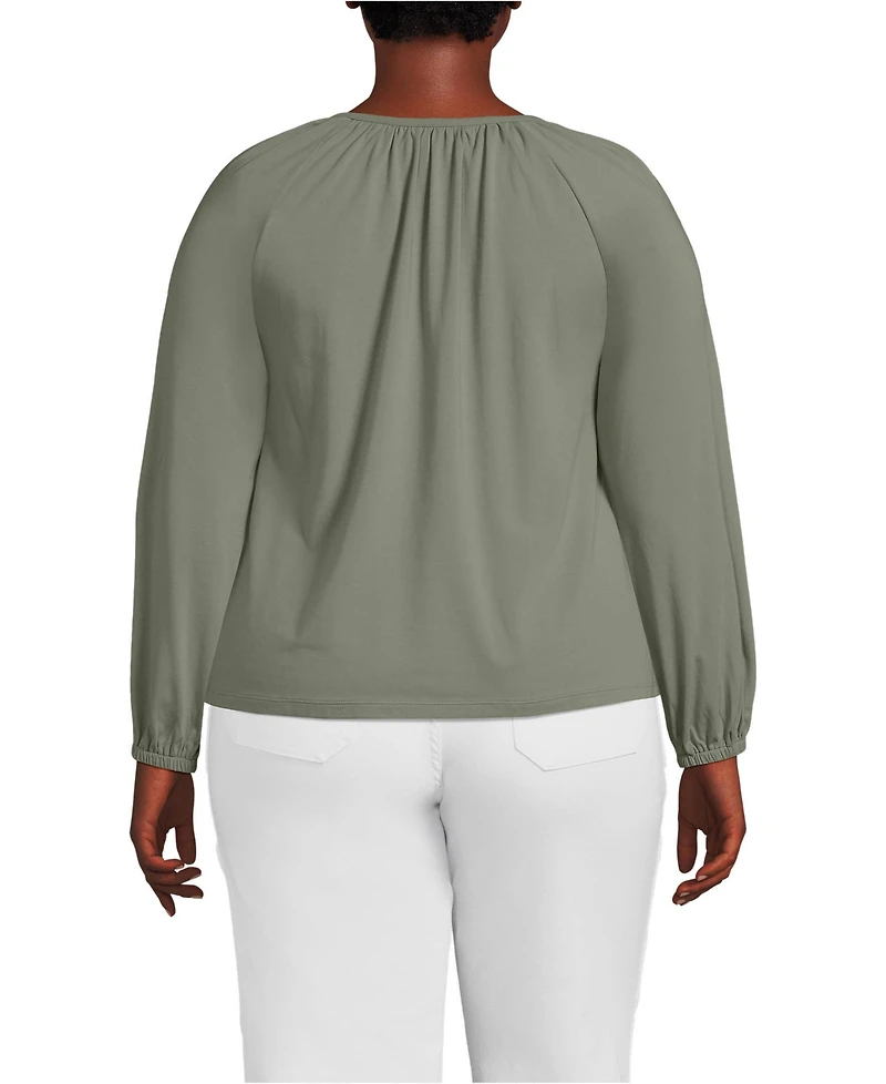 Lands' End Plus Lightweight Jersey 3/4 Sleeve Notch Neck Gather Blouse