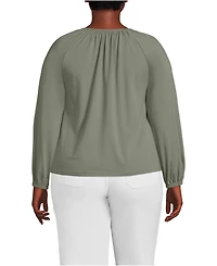 Lands' End Plus Lightweight Jersey 3/4 Sleeve Notch Neck Gather Blouse