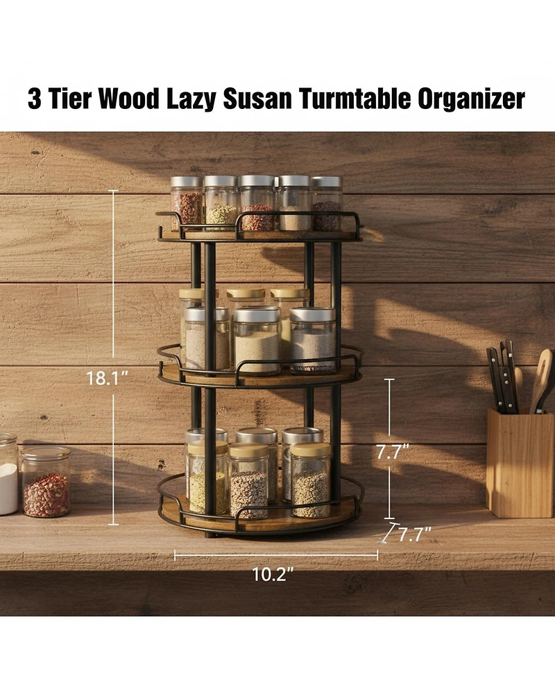 Yigii 12.2'' 3 Tier Wood Lazy Susan Turntable Organizer Spice Rack Kitchen Countertop Pantry Bathroom