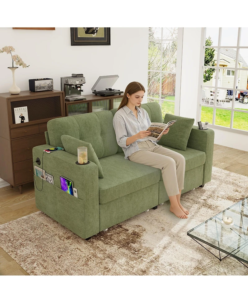 Rainsken Stylish Chenille Loveseat Sofa, 67 Inch 2-Seater Couch with Storage, Usb Charging and Cup Holders for Apartment and Living Room