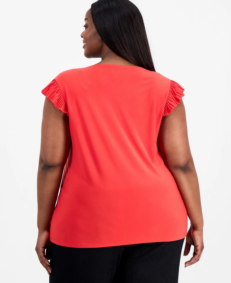 Anne Klein Essentials Plus Ruffle-Sleeve V-Neck Top