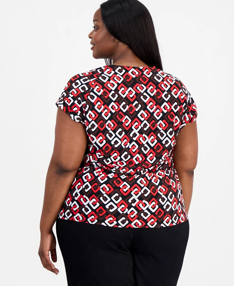 Anne Klein Plus Pleated V-Neck Cap-Sleeve Top