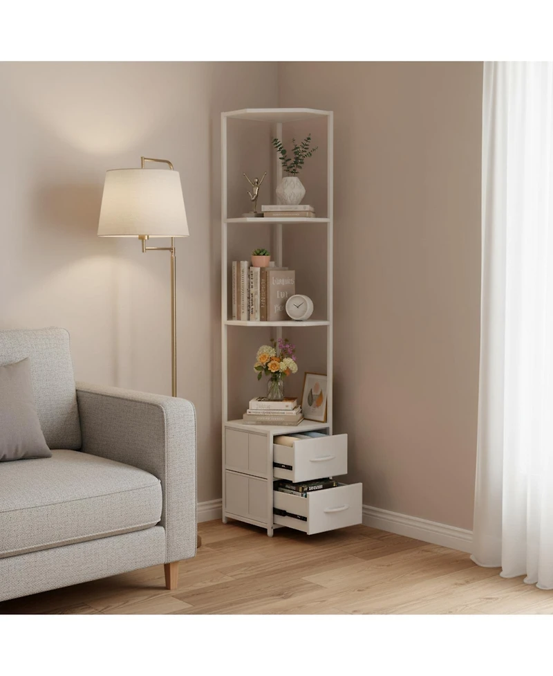 Yigii 63.4'' Tall 6-Tier Corner Shelf Stand with Storage Fabric Drawers Freestanding for Living Room Bedroom Kitchen Bathroom