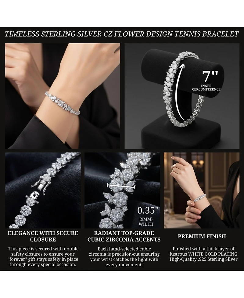 Sterling Silver with Rhodium Plated Clear Round Cubic Zirconia Flower Design Tennis Bracelet