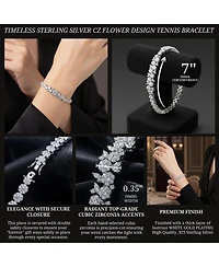 Sterling Silver with Rhodium Plated Clear Round Cubic Zirconia Flower Design Tennis Bracelet