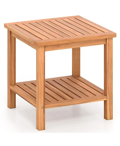 Sugift Patio Acacia Wood Side Table with Slatted Top and Storage Shelf