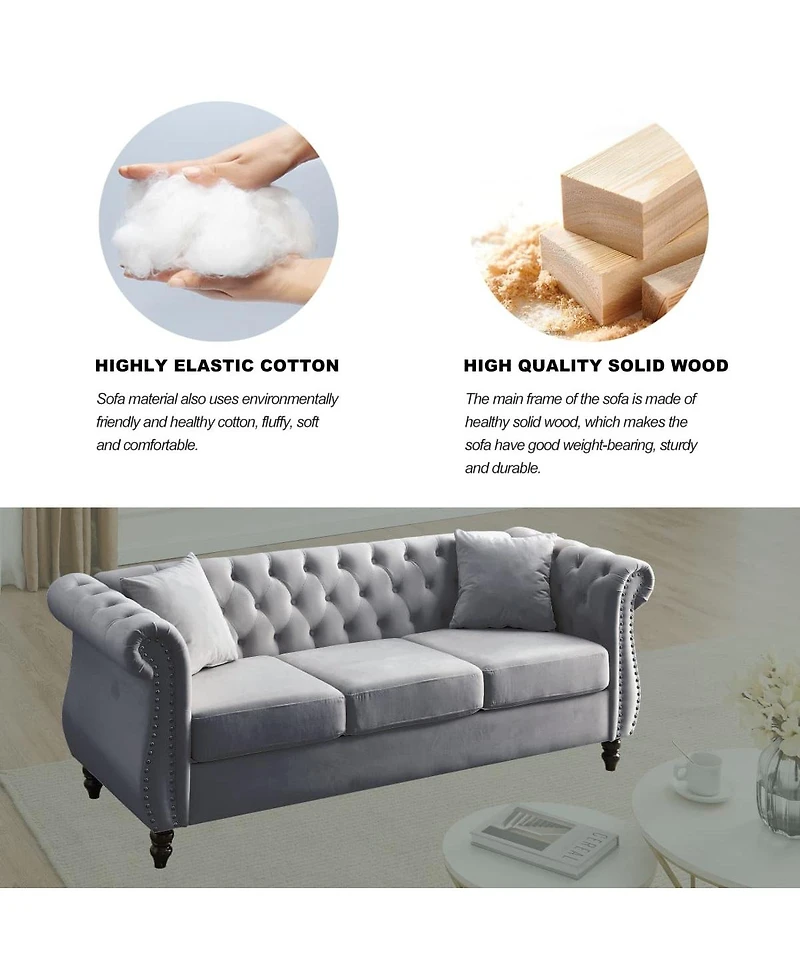 Maison Boucle 80" Velvet Sofa 3-Seater Tufted Chesterfield Couch Rolled Arm Nailhead