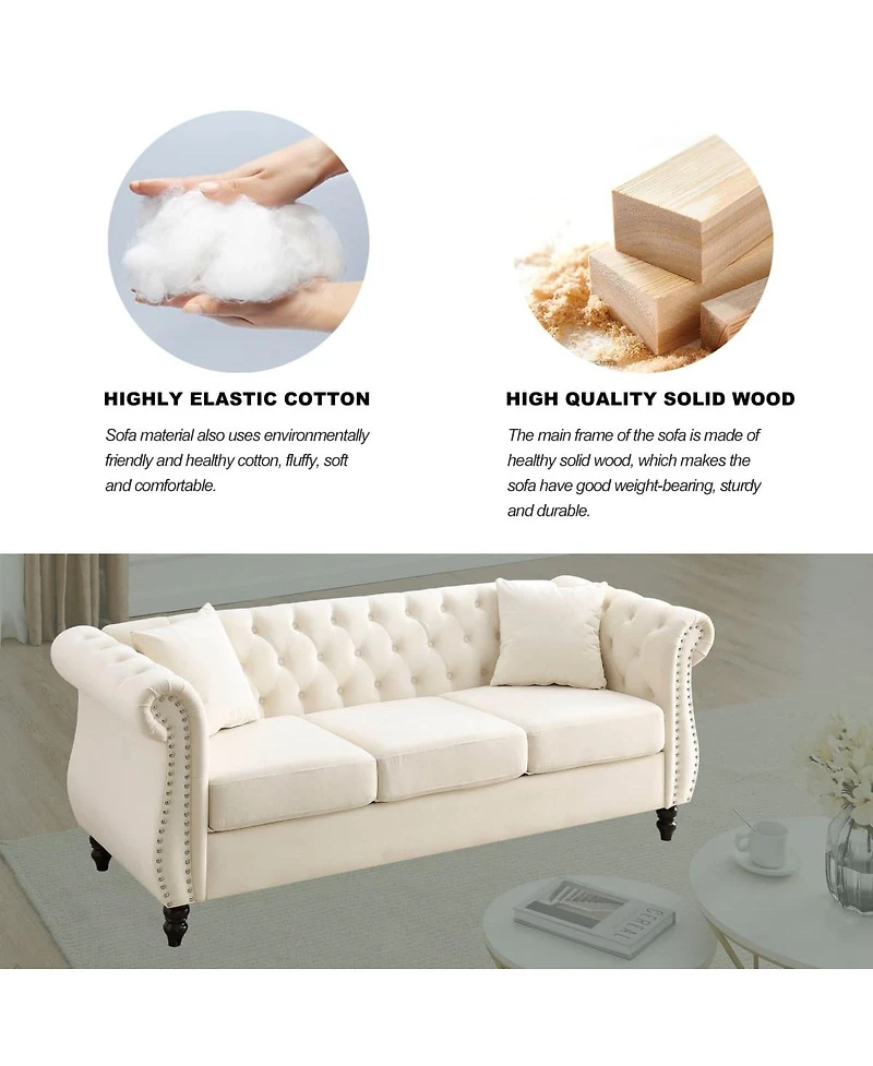 Maison Boucle 80" Velvet Sofa 3-Seater Tufted Chesterfield Couch Rolled Arm Nailhead