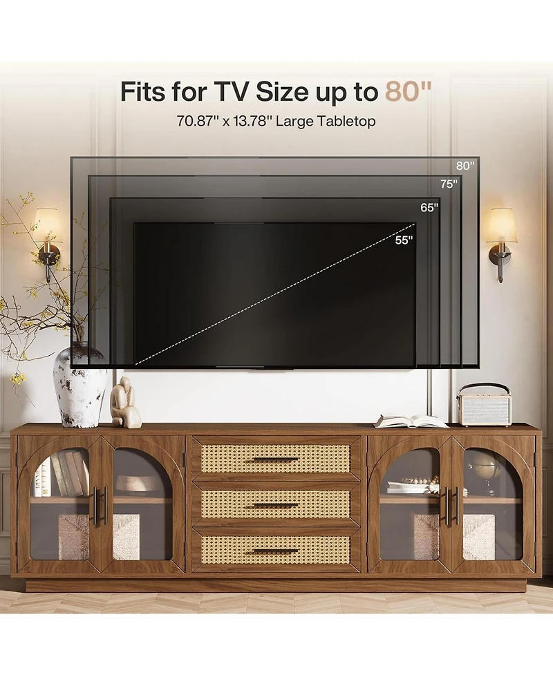 Tribesigns 71" Tv Stand for TVs up to 80", Media Console Table with 2 Storage Cabinets & 3 Rattan Drawers