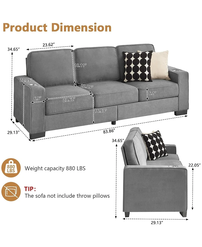 Rainsken Contemporary 3-Seat Sofa, 83.86" Soft Snowfleece Lounge Couch, Practical Upholstered Sofa with 2 Cup Holders for Living Room and Office