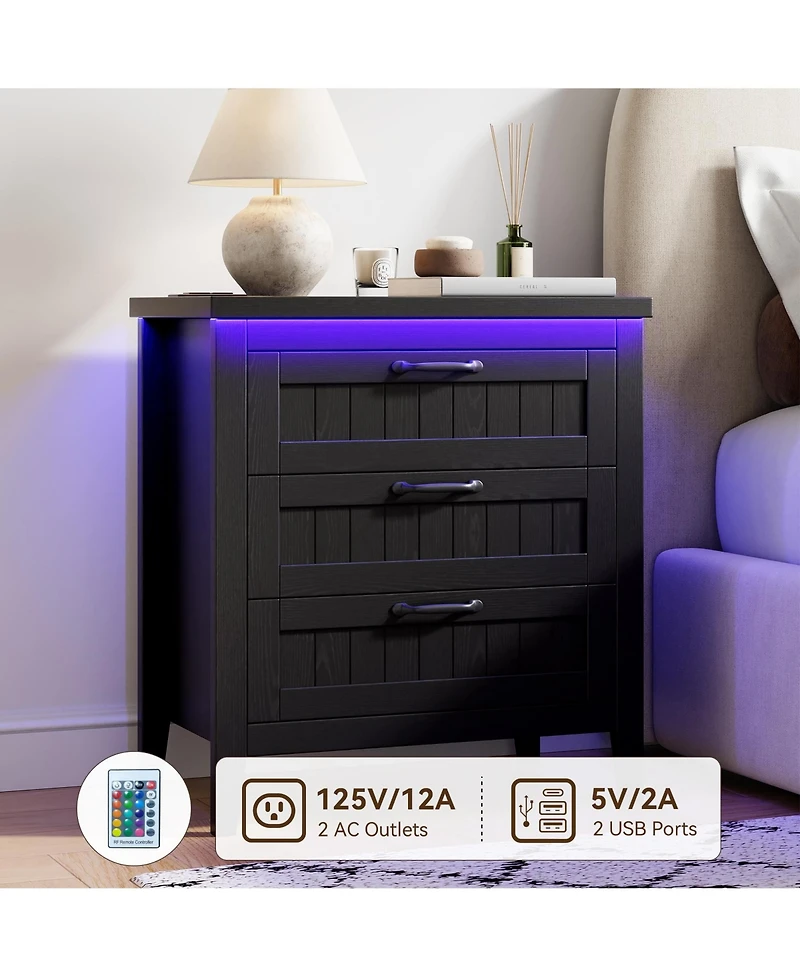 gaomon Farmhouse Drawer Dresser with Charging Station and Led Lights