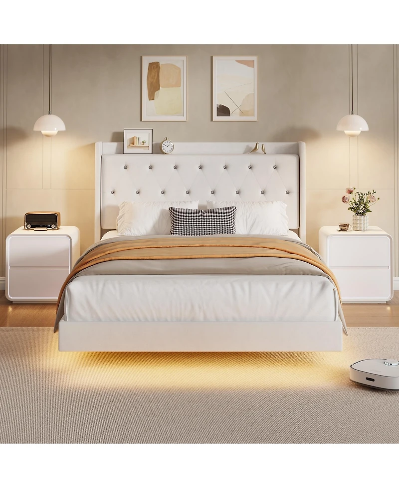 Homfan Bed Frame with Led Lights, Upholstered Headboard, Storage Shelves