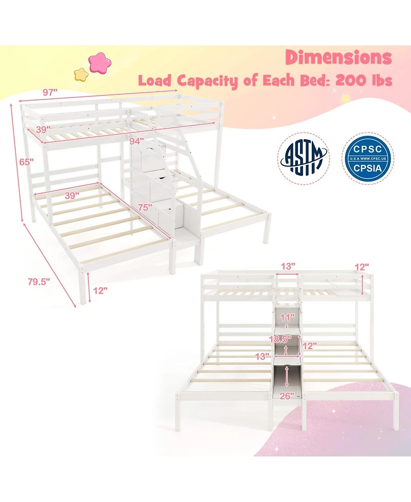 Gouun Twin Over Twin and Twin Bunk Bed with Storage Staircase and Guardrail for 3 Kids Teens