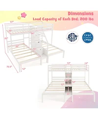 Gouun Twin Over Twin and Twin Bunk Bed with Storage Staircase and Guardrail for 3 Kids Teens
