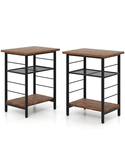 Gouun Set of 2 Industrial 3-Tier End Tables with Adjustable Mesh Shelves