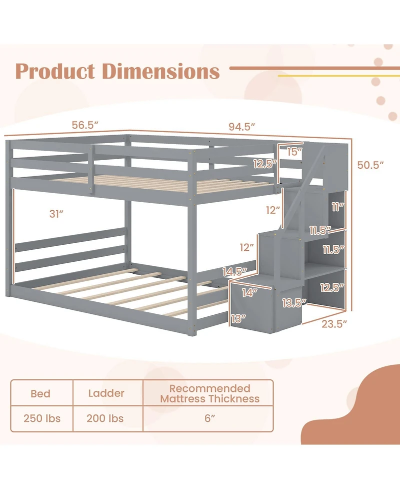 Gouun Solid Wood Full Over Full Low Bunk Bed with Storage Stairs