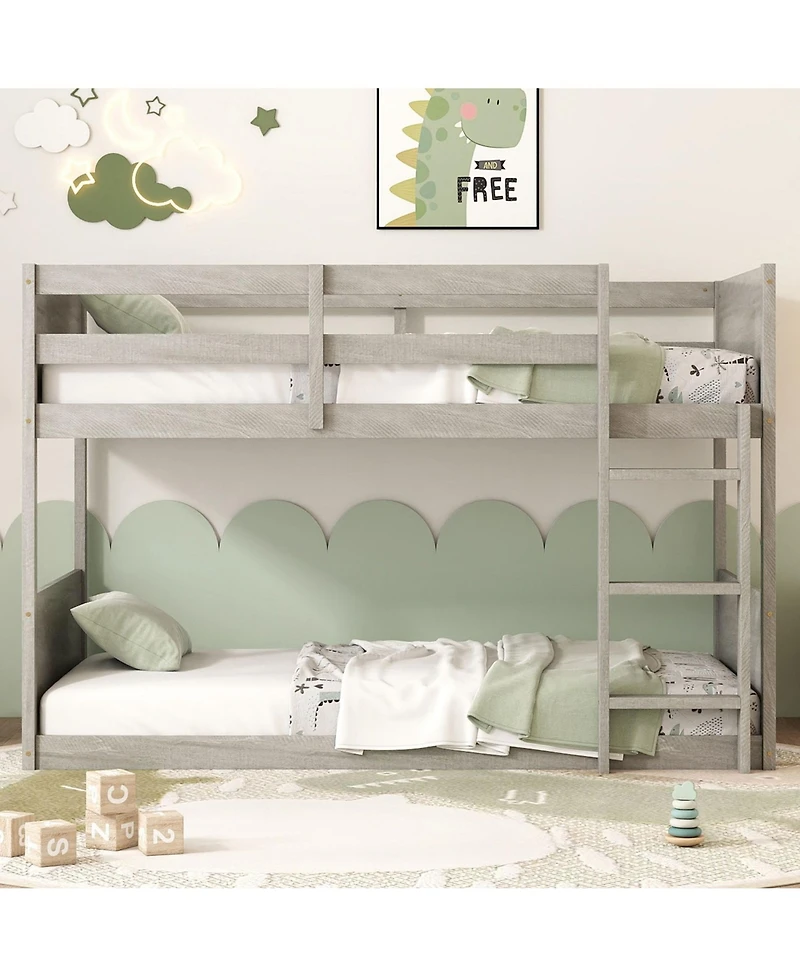 Clihome Twin over Twin Floor Bunk Bed with Panelled Headboard and Footboard