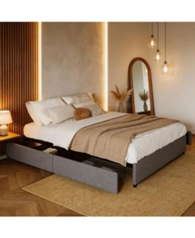 Homfan Space Saving Platform Bed Frame With 4 Storage Drawers Linen Upholstered Sturdy Wooden Slats