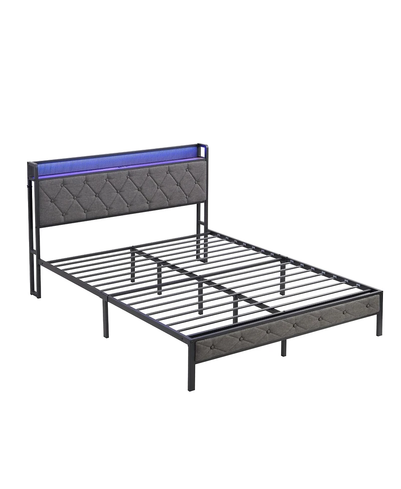 sumyeg Full Size Upholstered Bed Frame with Storage Headboard, Led Lights and Charging Station, Platform Bed