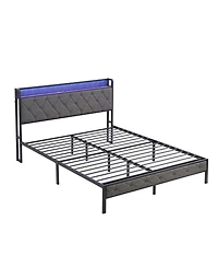 sumyeg Full Size Upholstered Bed Frame with Storage Headboard, Led Lights and Charging Station, Platform Bed