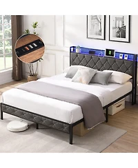 sumyeg Full Size Upholstered Bed Frame with Storage Headboard, Led Lights and Charging Station, Platform Bed