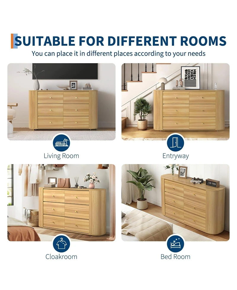gaomon Tv Stand with Drawers, Fluted Dresser 2 Curved Profile Fluted Sliding Doors, 6 Drawers Wood Tv Stand for Living Room Bedroom