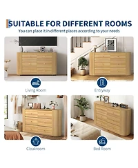 gaomon Tv Stand with Drawers, Fluted Dresser 2 Curved Profile Fluted Sliding Doors, 6 Drawers Wood Tv Stand for Living Room Bedroom