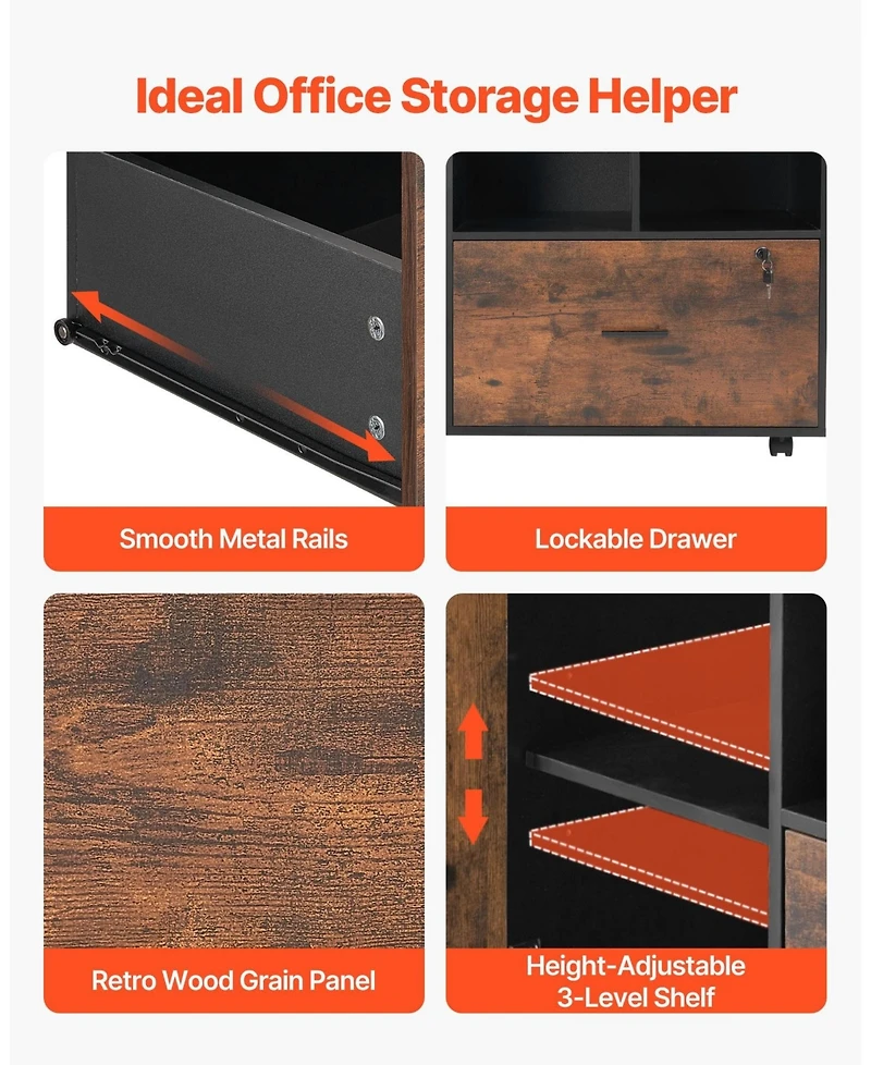 Sugift Wood File Cabinet, Mobile Lateral Filing Cabinet with Adjustable Shelves