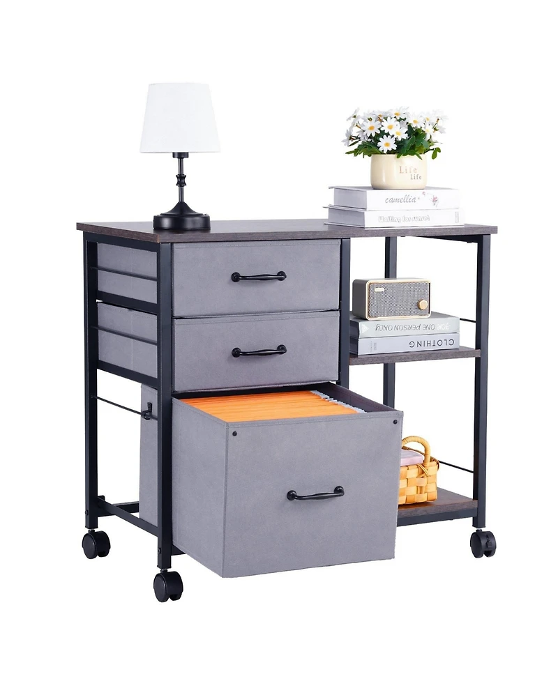 Sugift Metal File Cabinet, 3 Fabric Drawers, Wooden Vertical Filing Storage