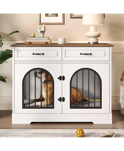 6thdruple 43.3" Indoor Pet House for Medium Large Dogs, Heavy Duty Wooden Dog Kennel with 2 Storage Drawers, End Table Furniture Crate