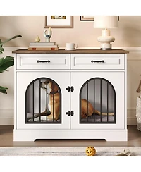 6thdruple 43.3" Indoor Pet House for Medium Large Dogs, Heavy Duty Wooden Dog Kennel with 2 Storage Drawers, End Table Furniture Crate