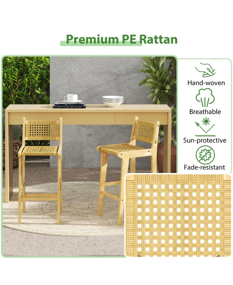 Gouun Teak Wood Patio Bar Stool with Woven Rattan Backrest and Seat