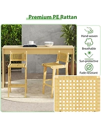Gouun Teak Wood Patio Bar Stool with Woven Rattan Backrest and Seat