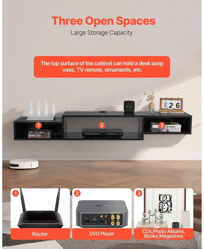 Sugift Floating Tv Stand, 59inch Wall Mount, with Power Outlet and Cable Hole