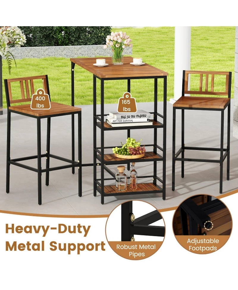 Gouun 3-Piece Acacia Wood Outdoor Bar Set with 3-Tier Storage Shelf and Metal Frame