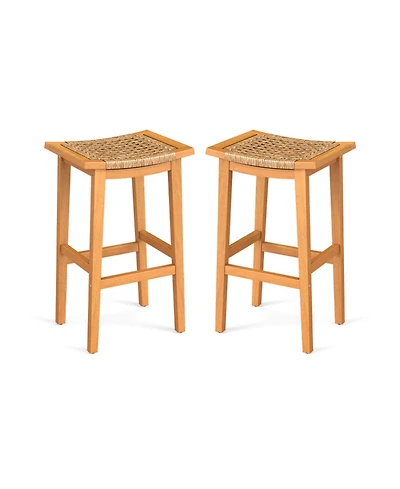 Gouun Acacia Wood Outdoor Bar Stools Set of 2 with Woven Rattan Seats