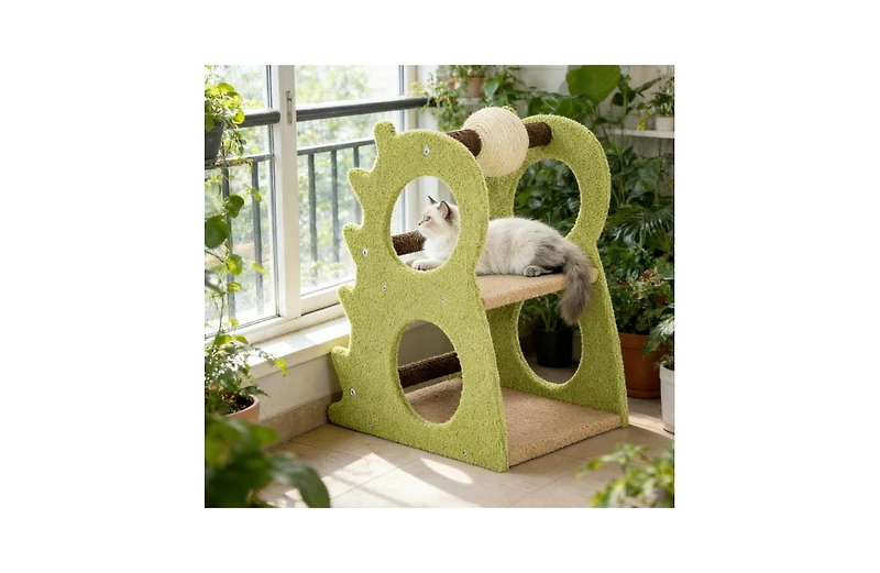 Zeus and Ruta Modern 2 Tier Cat Tree with Rotatable Sisal Ball Stylish Scratching Post Tower for Indoor Cats