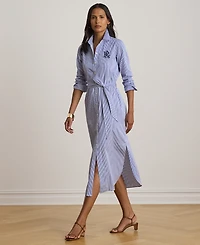 Lauren Ralph Petite Striped Point Collar Broadcloth Shirt Dress