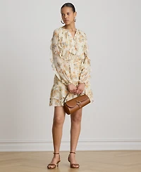 Lauren Ralph Petite Band Collar Floral Ruffle-Trim Tiered Dress